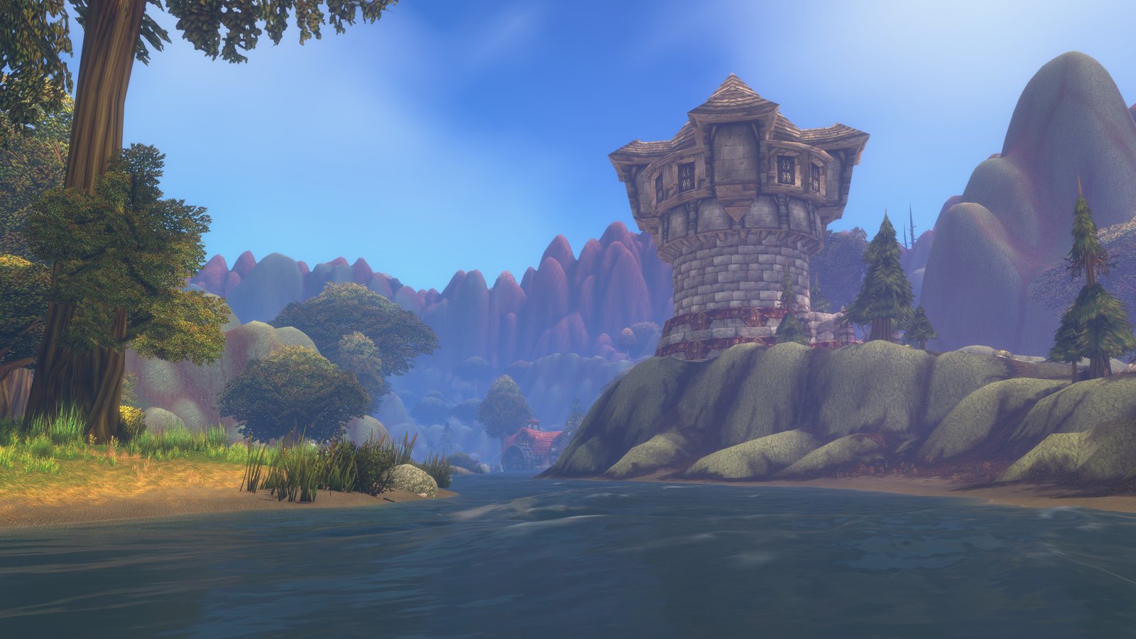 World of Warcraft: Forever screenshot of a river and a stone tower in original Azeroth with updated lighting